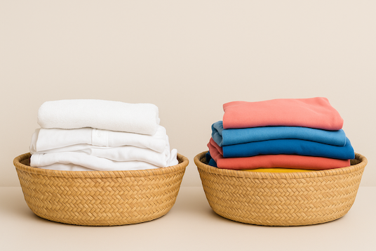 Folded laundry sorted into baskets.
