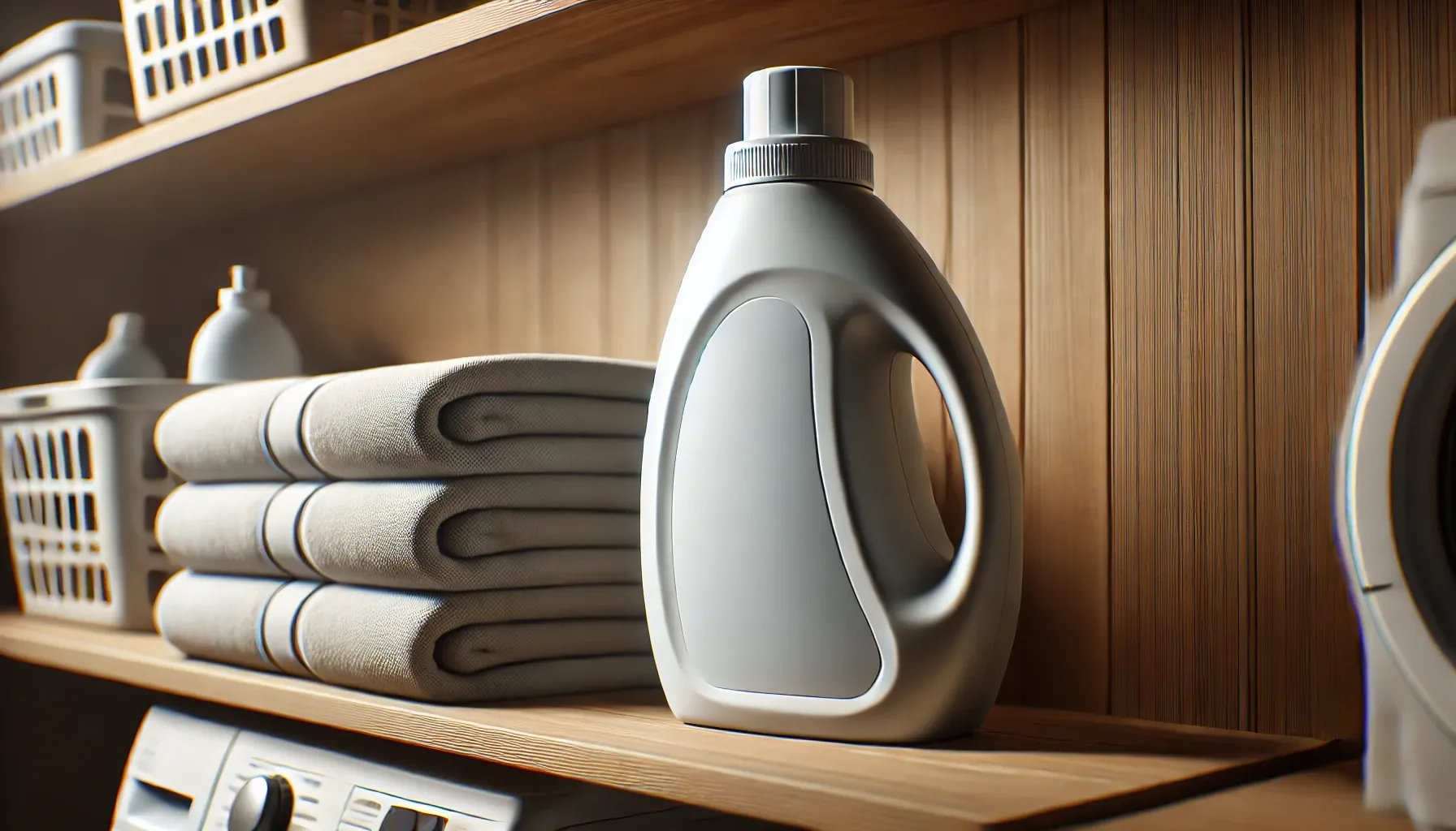 Image of laundry detergent bottle sitting on shelf next to clean towels