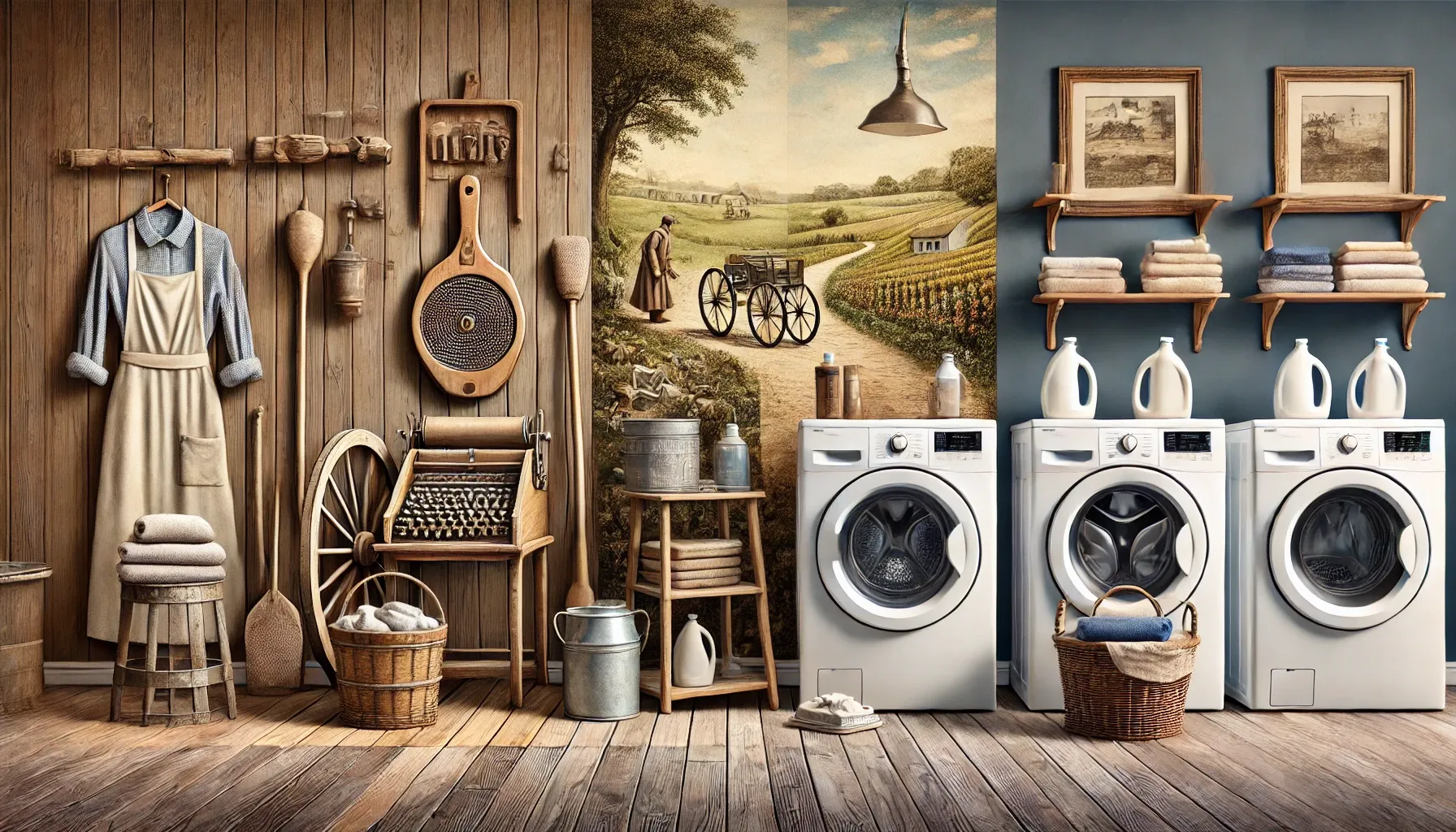 Image of washboards and modern machines, showing how laundry has changed.